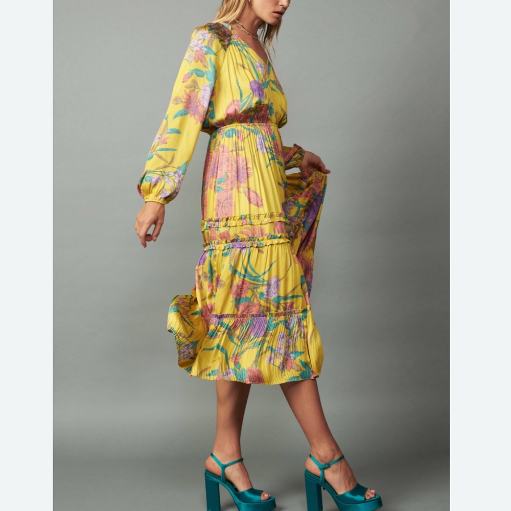 Current Air | EUC - Floral Ruffle Midi Dress - Size M - Yellow/Blue